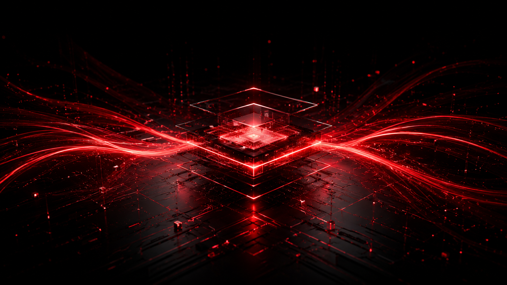 3D 电路网格与中央玻璃执行立方体,红色光流穿过晶格。